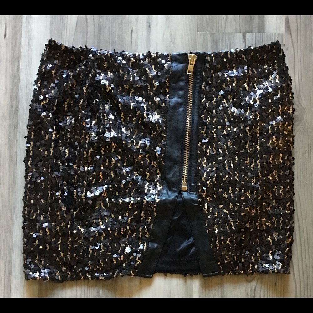 WET SEAL Black & Gold Sequin/Leather Mini Skirt